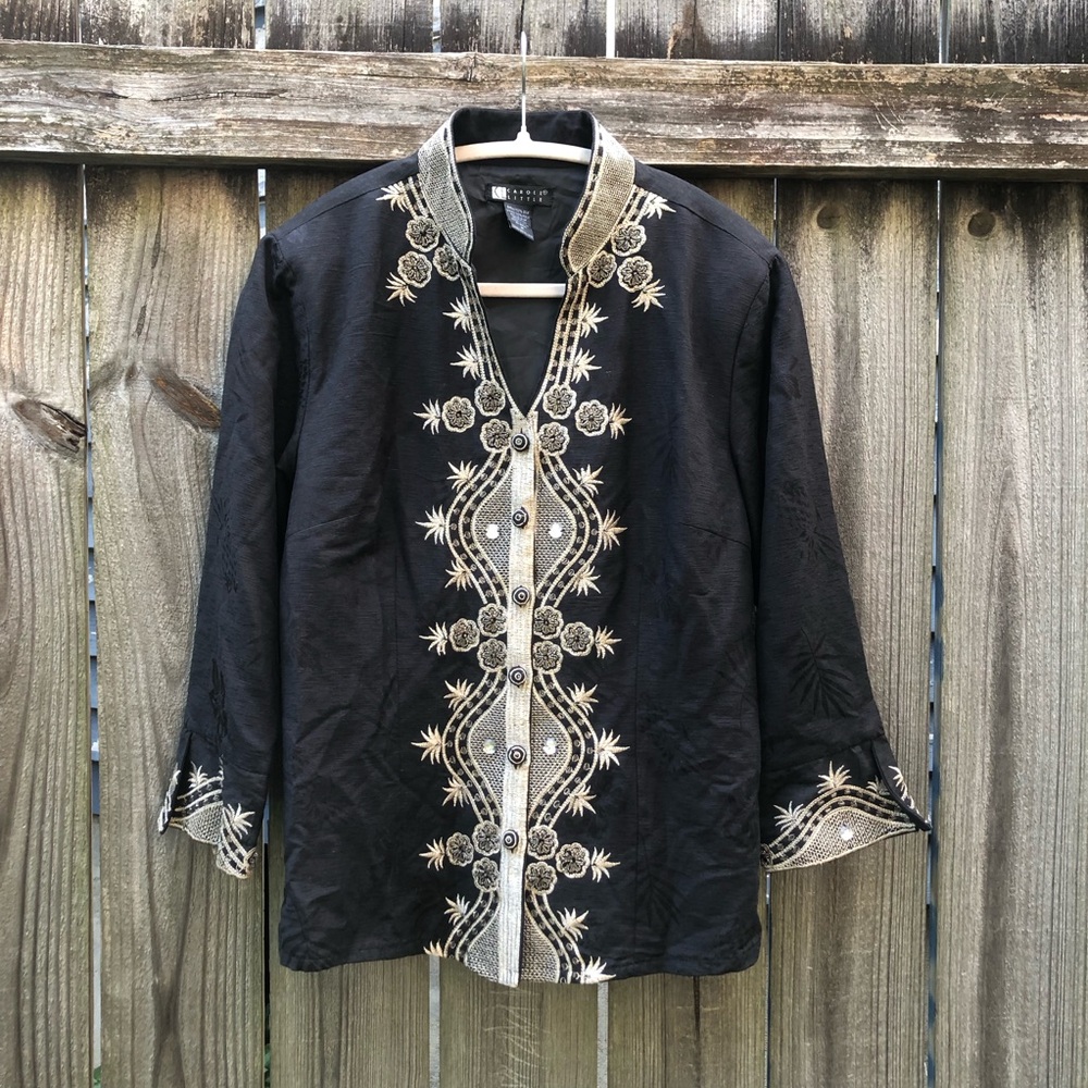 Carole Little Vintage Silk Beaded Embroidered Jacket Button Down Black Gold